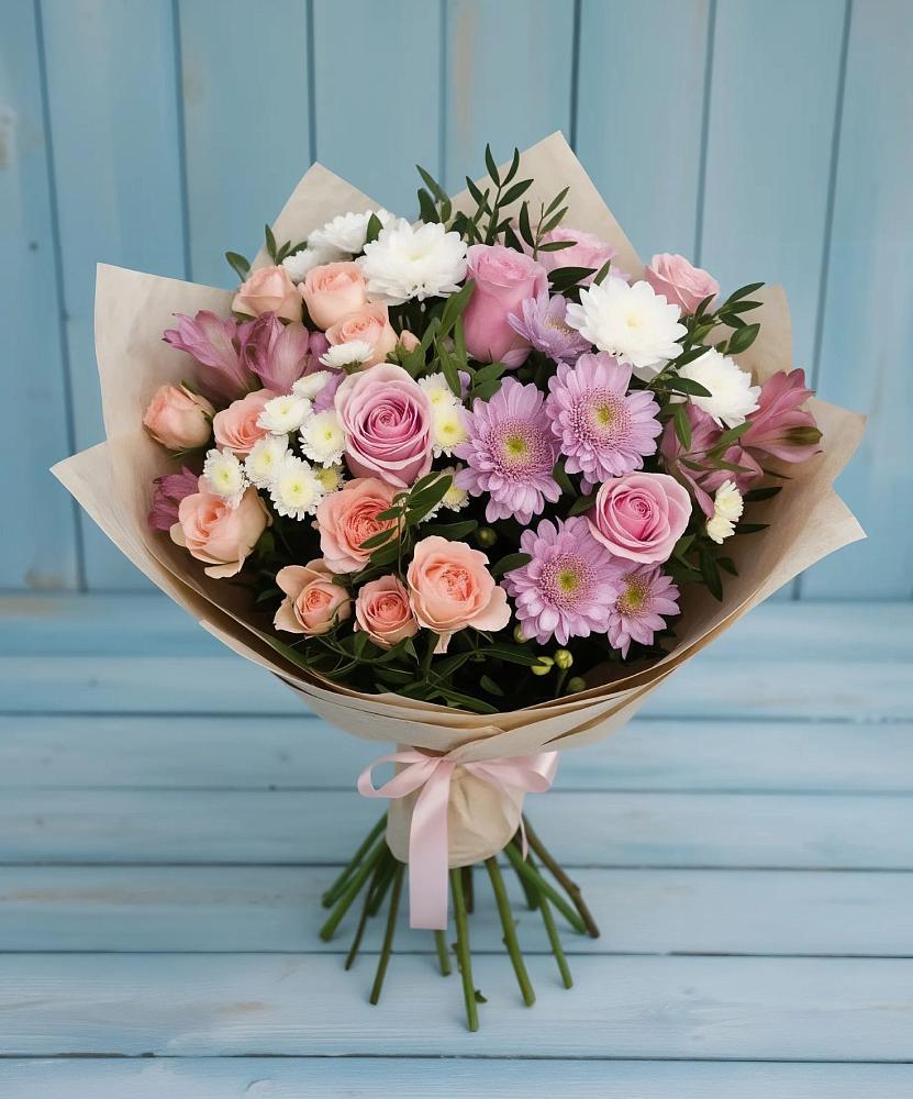 Букет цветов из: Хризантемы, Розы и Альстромерии в Красноармейске Московской области