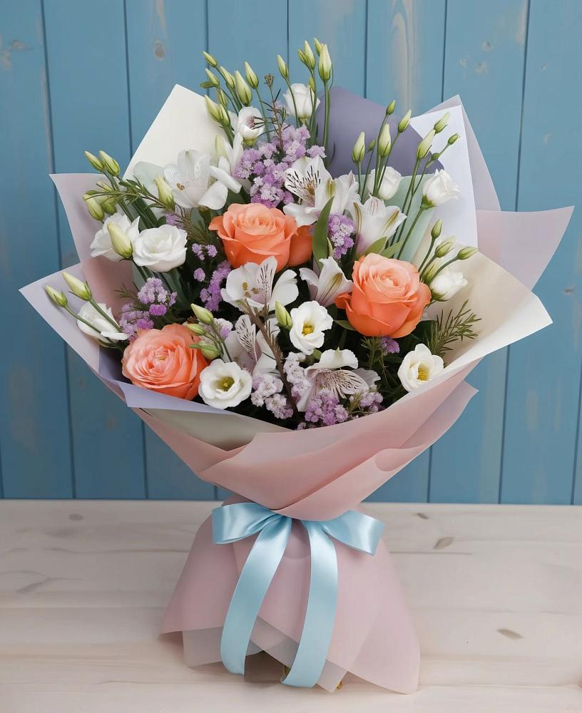 Букет цветов из: Лизиантусы, Розы, Альстромерии и Гипсофила в Красноармейске Московской области